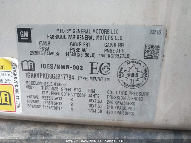 1GKKVPKD8GJ317794 GMC Acadia Sle2