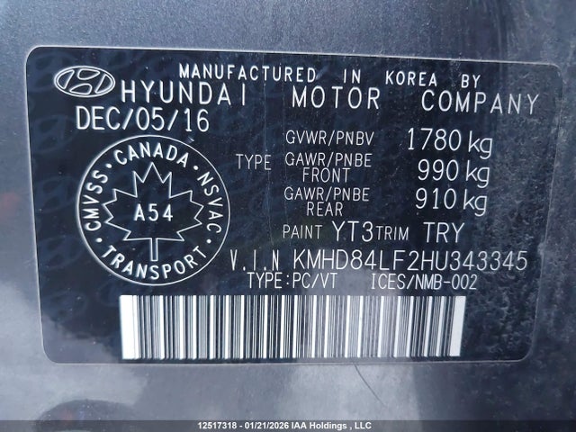 KMHD84LF2HU343345 Hyundai ELANTRA GL