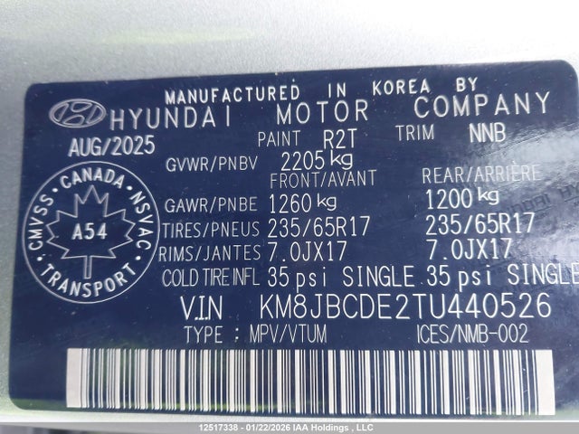 Продажа на аукционе авто 2026 Hyundai Tucson Preferred, vin: KM8JBCDE2TU440526, номер лота: 12517338