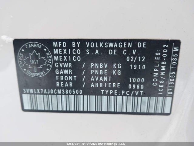 12517351 :رقم المزاد ، 3VWLX7AJ0CM380500 vin ، 2012 Volkswagen Jetta 2.5l Highline مزاد بيع