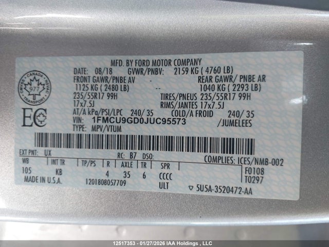 1FMCU9GD0JUC95573 Ford ESCAPE SE