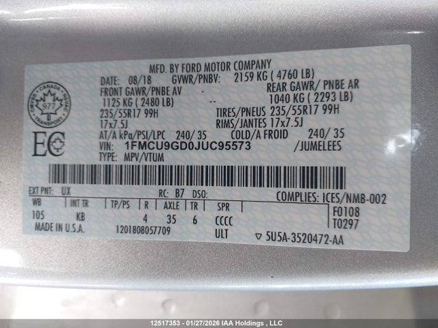 1FMCU9GD0JUC95573 Ford ESCAPE SE