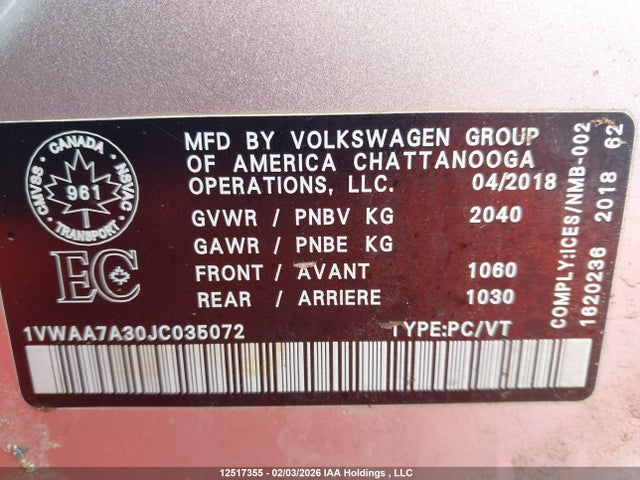 Продажа на аукционе авто 2018 Volkswagen Passat S/r-line, vin: 1VWAA7A30JC035072, номер лота: 12517355