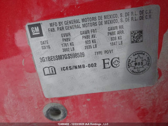 3G1BE5SM7GS598509 Chevrolet Cruze Lt Auto