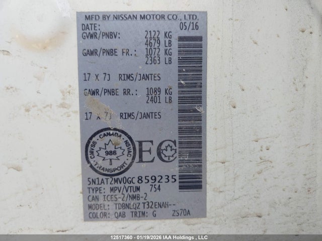 5N1AT2MV0GC859235 Nissan Rogue S/sl/sv