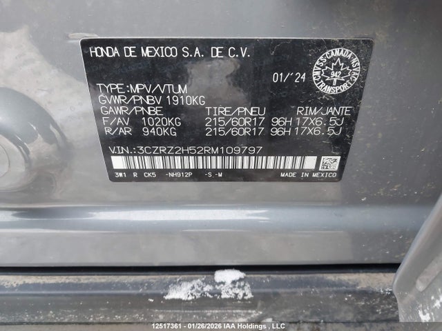 3CZRZ2H52RM109797 Honda HR-V
