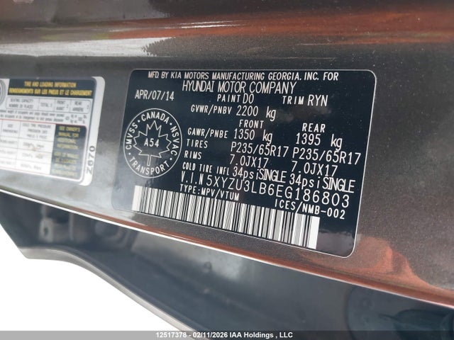 5XYZU3LB6EG186803 Hyundai SANTA FE SPORT