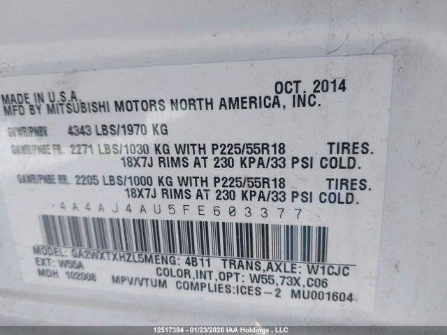 4A4AJ4AU5FE603377 Mitsubishi RVR