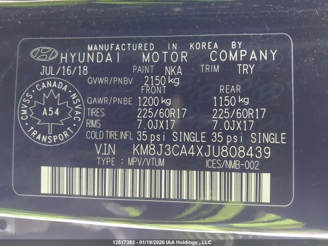 Aukcja sprzedaży 2018 Hyundai Tucson Limited/sport And Eco/se, vin: KM8J3CA4XJU808439, numer aukcji: 12517393