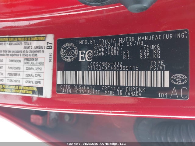 12517416 :رقم المزاد ، 2T1KU40E49C069115 vin ، 2009 Toyota Matrix Wagon مزاد بيع