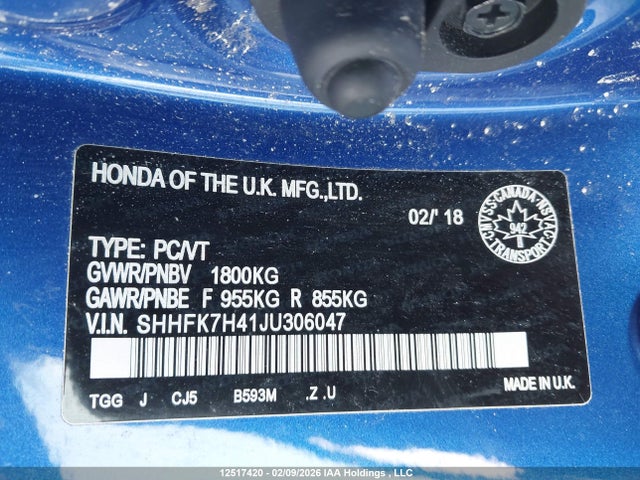 SHHFK7H41JU306047 Honda Civic Sport