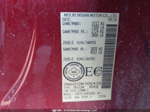 1N6AA1E52HN506436 Nissan Titan Sv/sl/pro-4x/plat Res