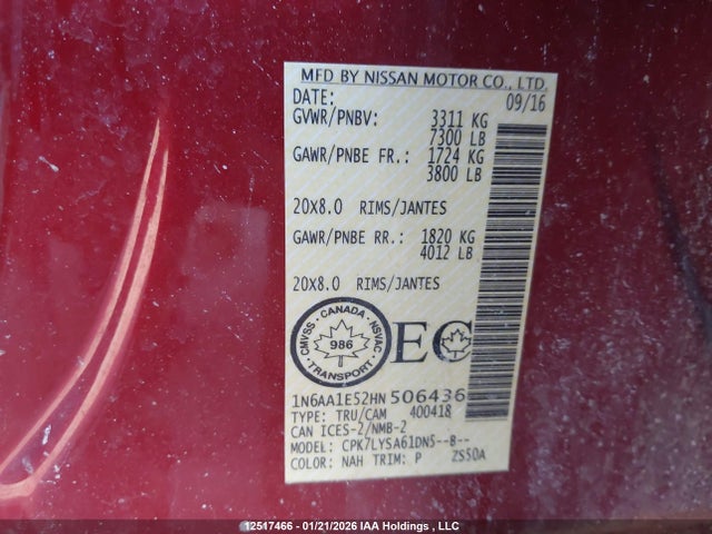 1N6AA1E52HN506436 Nissan Titan Sv/sl/pro-4x/plat Res