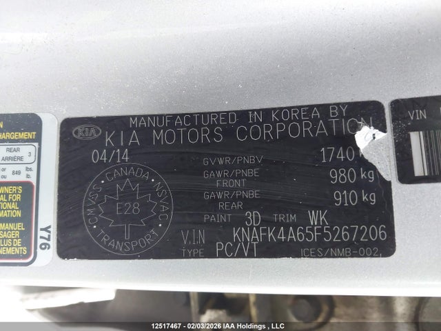 12517467 :رقم المزاد ، KNAFK4A65F5267206 vin ، 2015 Kia Forte 1.8l Lx/1.8l Lx+/lx+ Winter Edition مزاد بيع