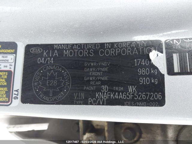12517467 :رقم المزاد ، KNAFK4A65F5267206 vin ، 2015 Kia Forte 1.8l Lx/1.8l Lx+/lx+ Winter Edition مزاد بيع