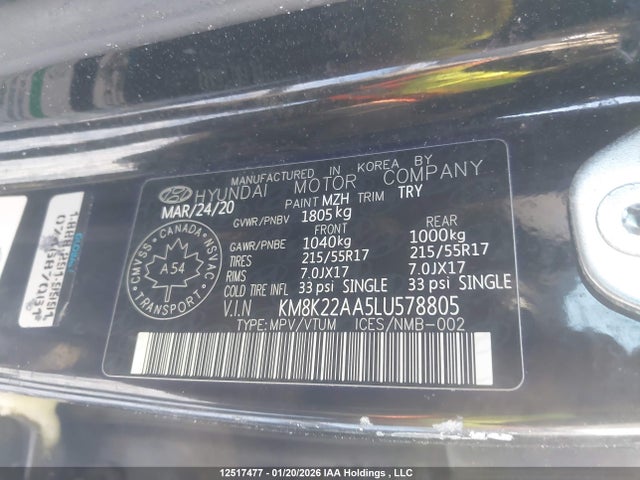 Aukcja sprzedaży 2020 Hyundai Kona Sel, vin: KM8K22AA5LU578805, numer aukcji: 12517477
