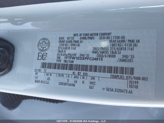 12517479 :رقم المزاد ، 1FTFW1EDXPFC24815 vin ، 2023 Ford F150 Supercrew مزاد بيع