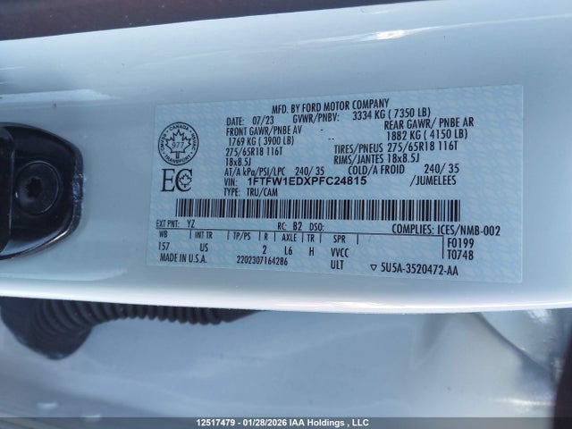 12517479 :رقم المزاد ، 1FTFW1EDXPFC24815 vin ، 2023 Ford F150 Supercrew مزاد بيع