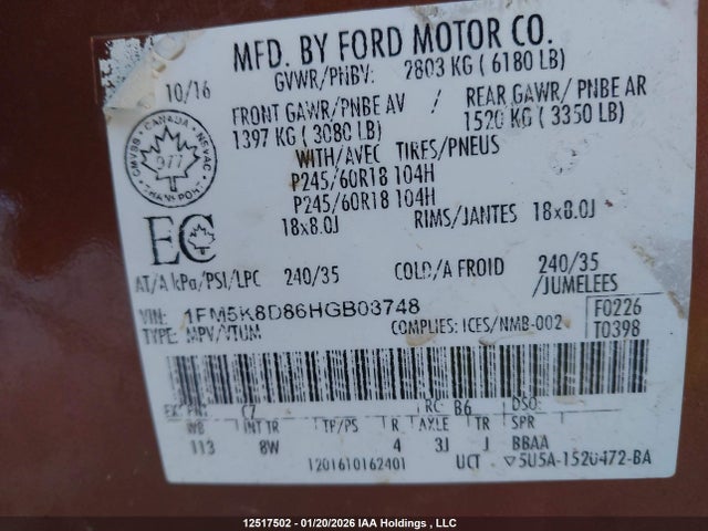 1FM5K8D86HGB08748 Ford EXPLORER XLT