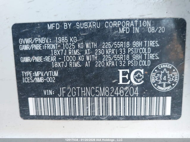 2021 Subaru Crosstrek Limited მანქანა იყიდება აუქციონზე, vin: JF2GTHNC5M8246204, აუქციონის ნომერი: 12517534