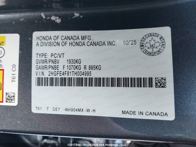 Aukcja sprzedaży 2026 Honda Civic  Hybrid Sport/sport Touring, vin: 2HGFE4F81TH004995, numer aukcji: 12517544