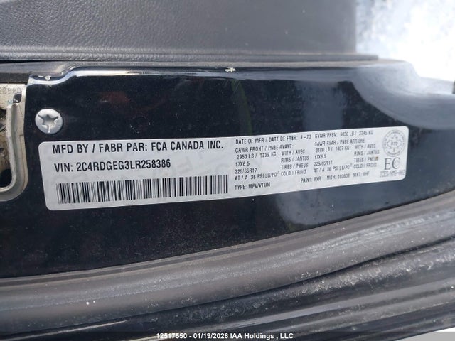 Продаж на аукціоні авто 2020 Dodge Grand Caravan Gt, vin: 2C4RDGEG3LR258386, номер лоту: 12517550