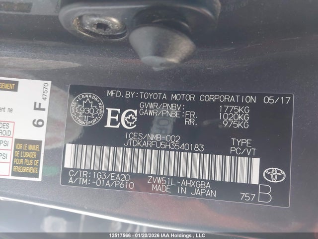 JTDKARFU5H3540183 Toyota Prius