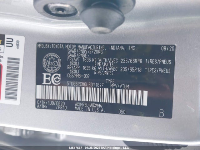 5TDGBRCH6LS011827 Toyota Highlander Hybrid Xle