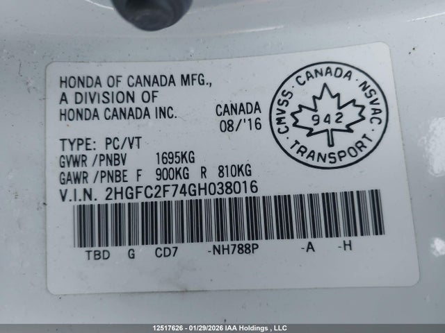 2HGFC2F74GH038016 Honda Civic Ex 4dr
