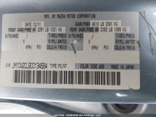 Aukcja sprzedaży 2012 Mazda Mazda5, vin: JM1CW2CL9C0134684, numer aukcji: 12517629