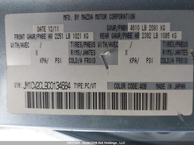 Aukcja sprzedaży 2012 Mazda Mazda5, vin: JM1CW2CL9C0134684, numer aukcji: 12517629