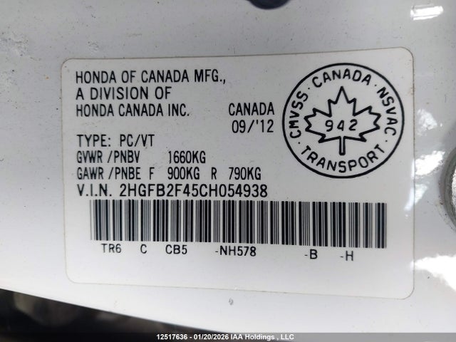 Aukcja sprzedaży 2012 Honda Civic, vin: 2HGFB2F45CH054938, numer aukcji: 12517636