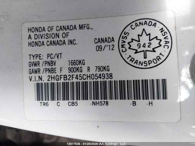 Aukcja sprzedaży 2012 Honda Civic, vin: 2HGFB2F45CH054938, numer aukcji: 12517636