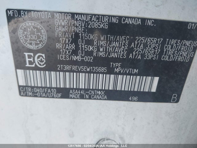 12517656 :رقم المزاد ، 2T3RFREV5EW135685 vin ، 2014 Toyota Rav4 Xle مزاد بيع