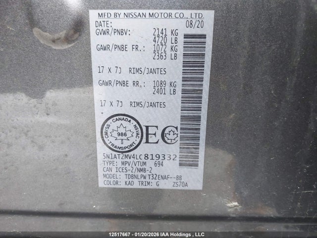 5N1AT2MV4LC819332 Nissan Rogue S/sl/sv