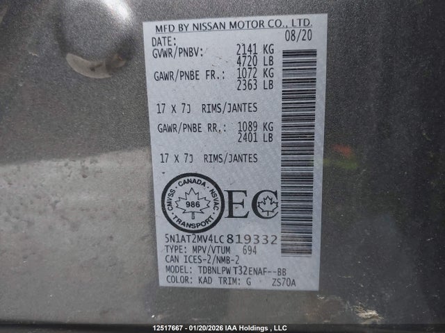 5N1AT2MV4LC819332 Nissan Rogue S/sl/sv