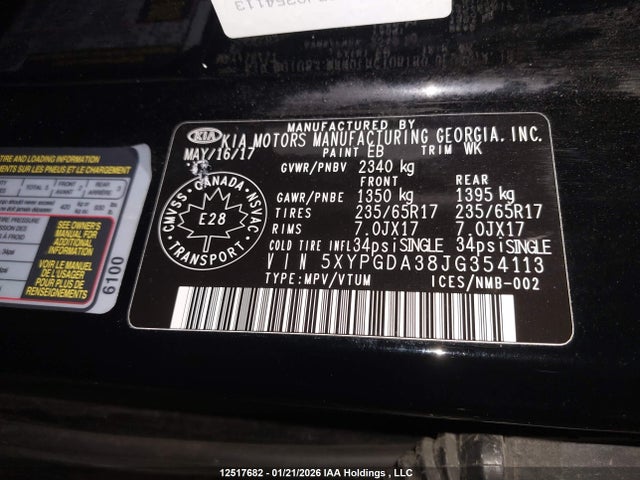 5XYPGDA38JG354113 KIA Sorento 2.4l Lx