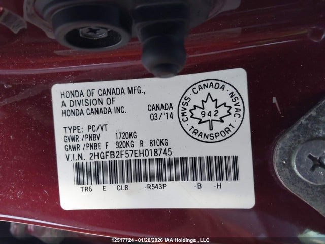 12517724 :رقم المزاد ، 2HGFB2F57EH018745 vin ، 2014 Honda Civic Ex 4dr مزاد بيع