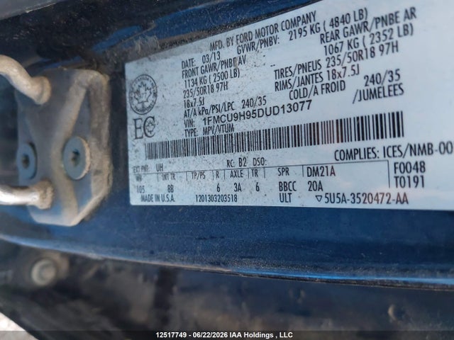 Продаж на аукціоні авто 2013 Ford Escape Sel, vin: 1FMCU9H95DUD13077, номер лоту: 12517749