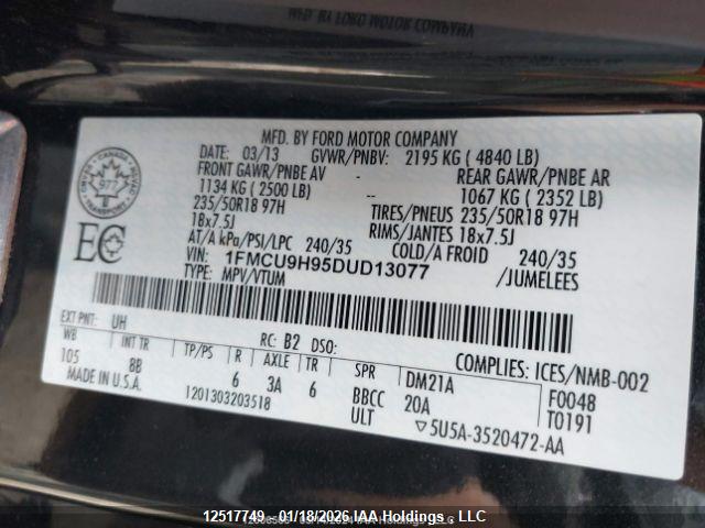 Продаж на аукціоні авто 2013 Ford Escape Sel, vin: 1FMCU9H95DUD13077, номер лоту: 12517749