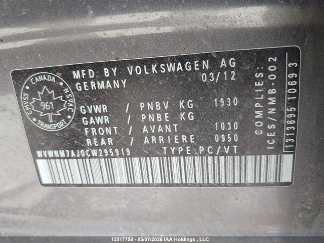 12517750 :رقم المزاد ، WVWNM7AJ0CW295919 vin ، 2012 Volkswagen Golf مزاد بيع