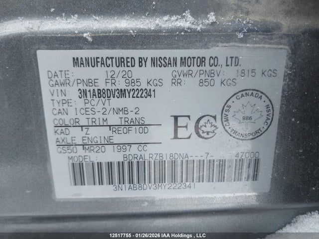 12517755 :رقم المزاد ، 3N1AB8DV3MY222341 vin ، 2021 Nissan Sentra مزاد بيع