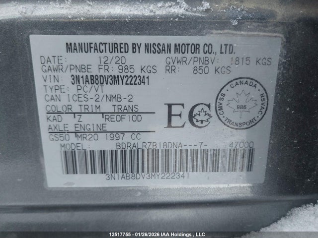 12517755 :رقم المزاد ، 3N1AB8DV3MY222341 vin ، 2021 Nissan Sentra مزاد بيع