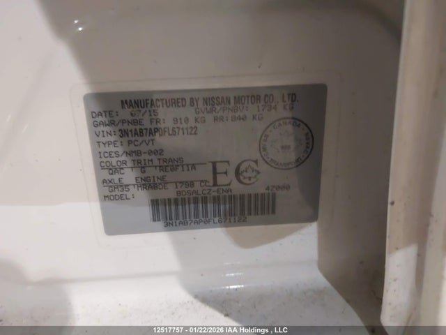 12517757 :رقم المزاد ، 3N1AB7AP0FL671122 vin ، 2015 Nissan Sentra مزاد بيع
