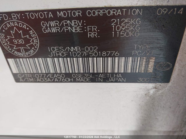 12517760 :رقم المزاد ، JTHCF1D27F5018776 vin ، 2015 Lexus Is 250 مزاد بيع