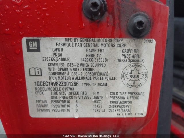 Aukcja sprzedaży 2002 Chevrolet Silverado 1500 Ls, vin: 1GCEC14V82Z301266, numer aukcji: 12517767