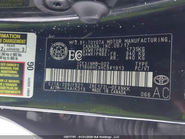 12517787 :رقم المزاد ، 2T1BURHEXHC941913 vin ، 2017 Toyota Corolla L/le/xle/se/xse مزاد بيع