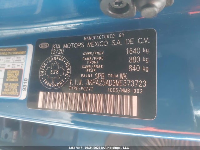 3KPA25AD3ME373723 KIA RIO S