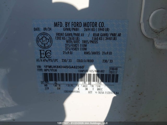 12517837 :رقم المزاد ، 1FMUK8KH4SGA62360 vin ، 2025 Ford Explorer St-line مزاد بيع