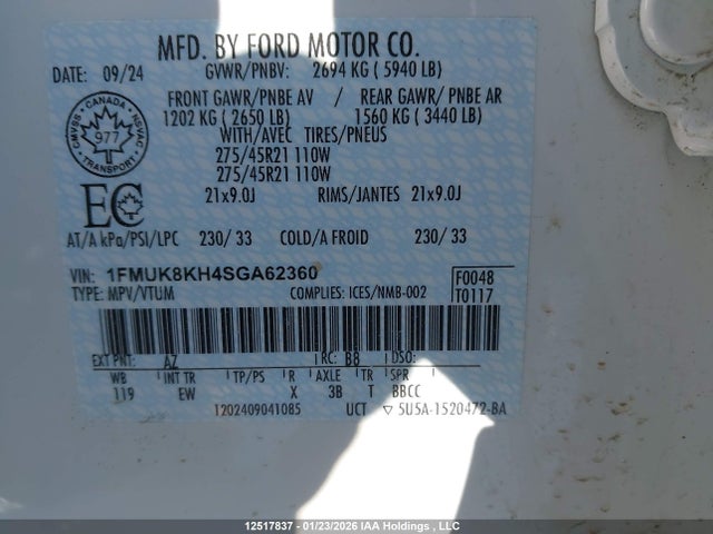 12517837 :رقم المزاد ، 1FMUK8KH4SGA62360 vin ، 2025 Ford Explorer St-line مزاد بيع